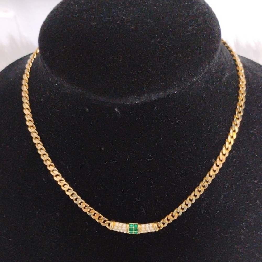 SALE! Authentic Dior Vtg Gold Tone Necklace WGreen Rhinestones & Crystals - Picture 7 of 13